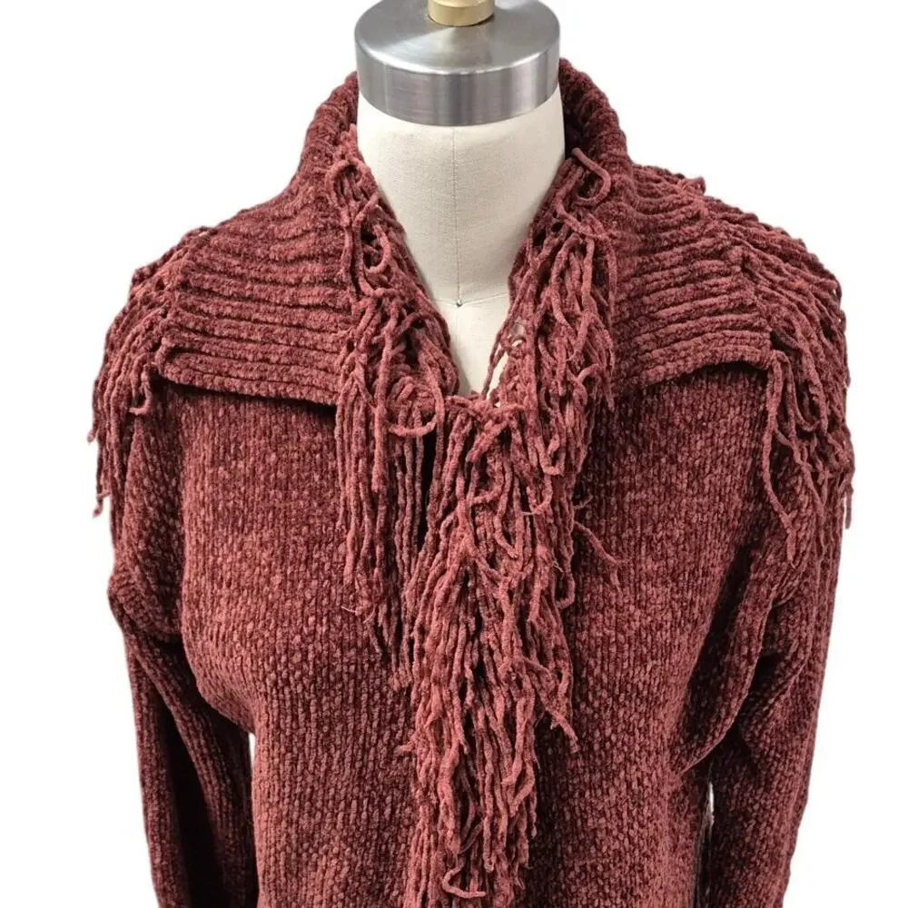VestoPazzo Esotica import 100% Poly Shag/Fringe Cardigan Sweater Brick Sz S/M